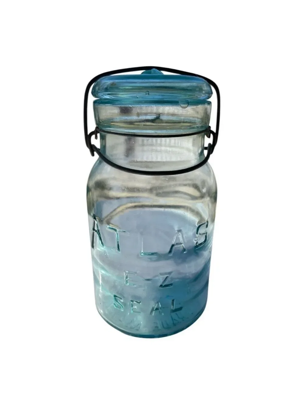Antique Aqua Blue Atlas E-Z Seal Glass Canning Jar, w/Lid & Wire Bail.